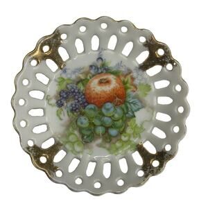 Acme China Porcelain Dish Trinket Butter Pat Fruit Gold Lace Scalloped Edge Gift